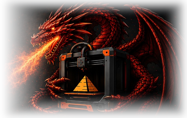 Red dragon breathing fire beside a 3D printer